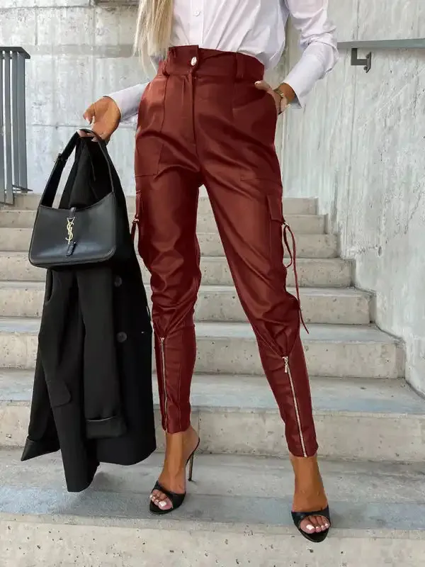 Women’s Fashion Slim Fit PU Leather Waist Leg Pants Pockets