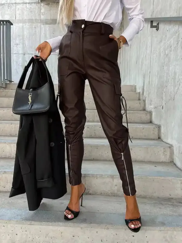 Women’s Fashion Slim Fit PU Leather Waist Leg Pants Pockets