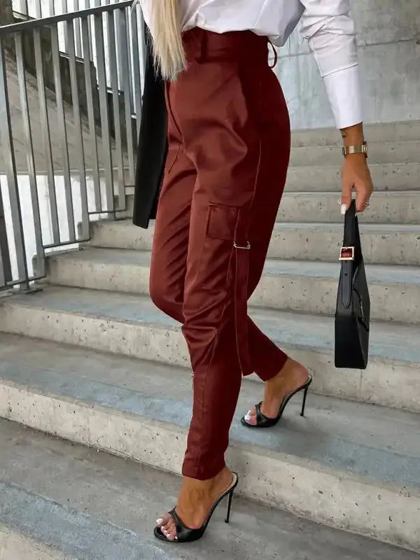 Women’s Fashion Slim Fit PU Leather Waist Leg Pants Pockets