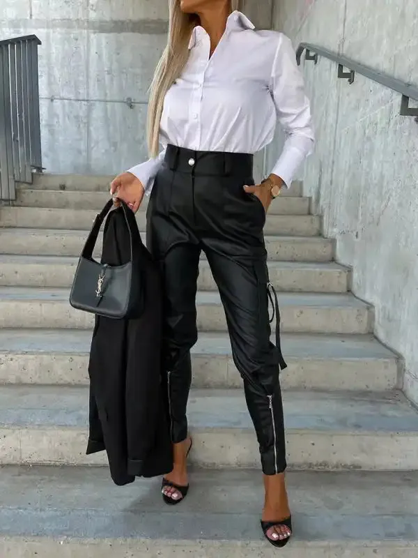 Women’s Fashion Slim Fit PU Leather Waist Leg Pants Pockets