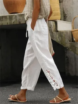 Women's Linen Pants Pants Trousers Linen / Cotton Blend White Fashion Casual Weekend Lace Side Pockets Ankle-Length Comfort Plain S M L XL 2XL