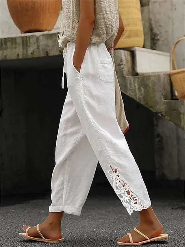 Women's Linen Pants Pants Trousers Linen / Cotton Blend White Fashion Casual Weekend Lace Side Pockets Ankle-Length Comfort Plain S M L XL 2XL