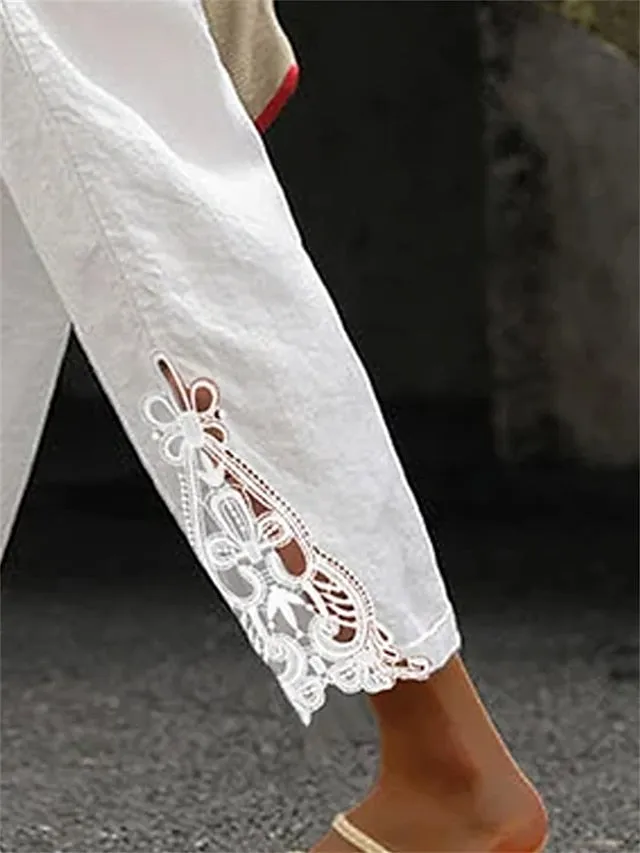 Women's Linen Pants Pants Trousers Linen / Cotton Blend White Fashion Casual Weekend Lace Side Pockets Ankle-Length Comfort Plain S M L XL 2XL