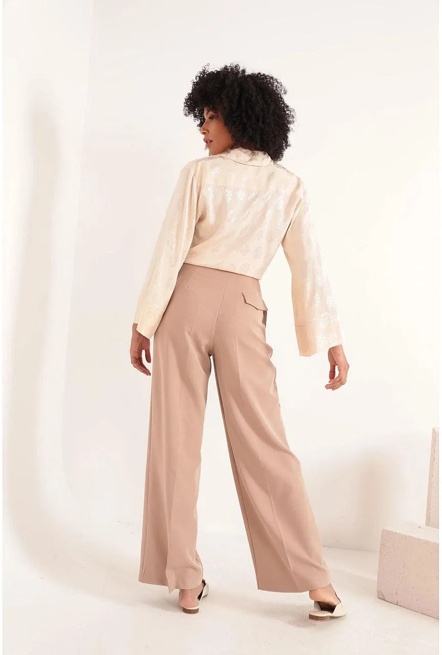 Womens Pleated Camel Brown Slim Pants