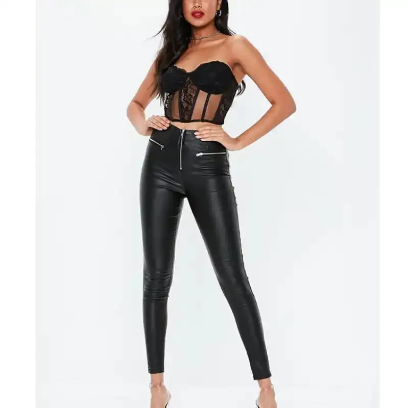 Women’s PU zipper long nine-minute pants