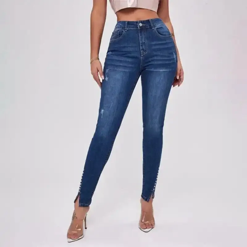 Women’s Slit Bead Trim High Waist Jeans