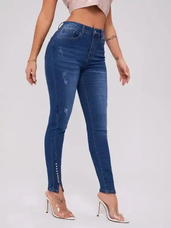 Women’s Slit Bead Trim High Waist Jeans