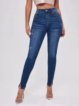 Women’s Slit Bead Trim High Waist Jeans