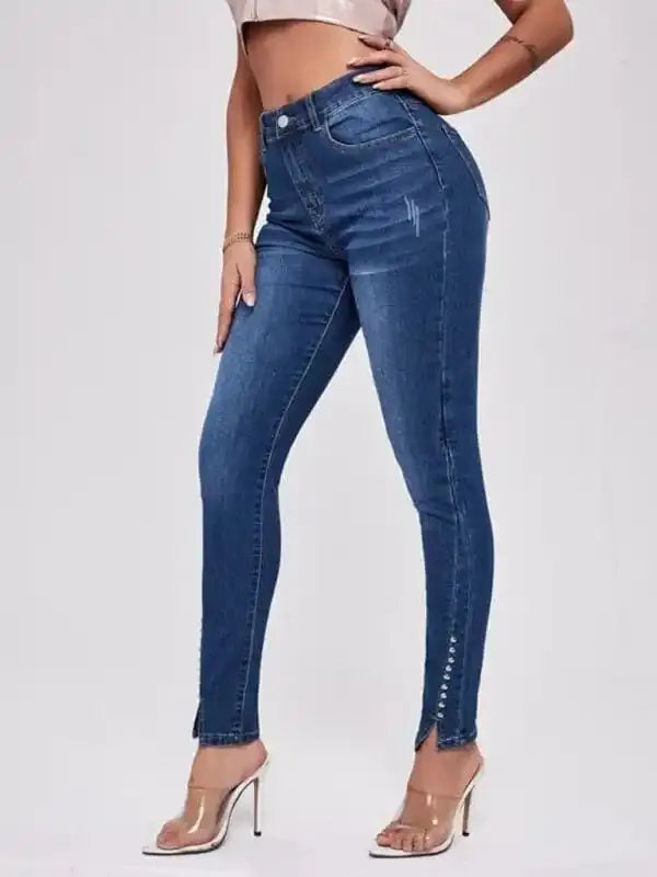 Women’s Slit Bead Trim High Waist Jeans