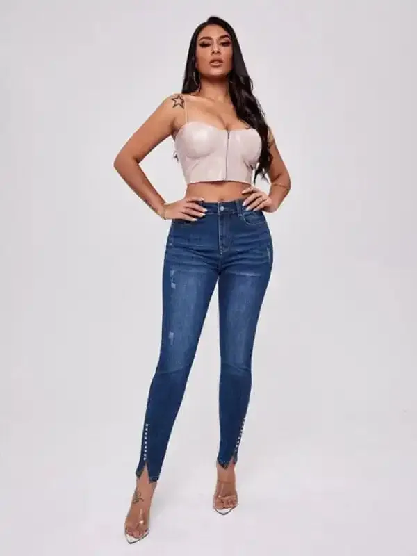 Women’s Slit Bead Trim High Waist Jeans