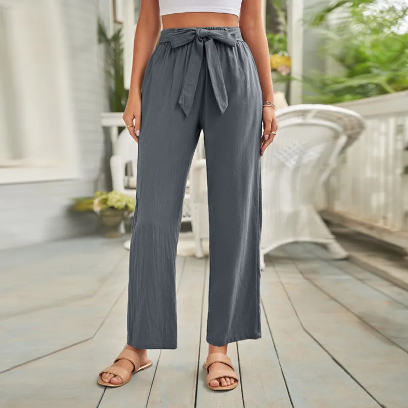 Womens Solid Color Casual Wide-leg Trousers