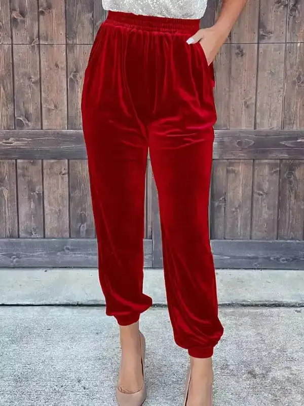 Women’s solid color elastic waist straight casual casual pants