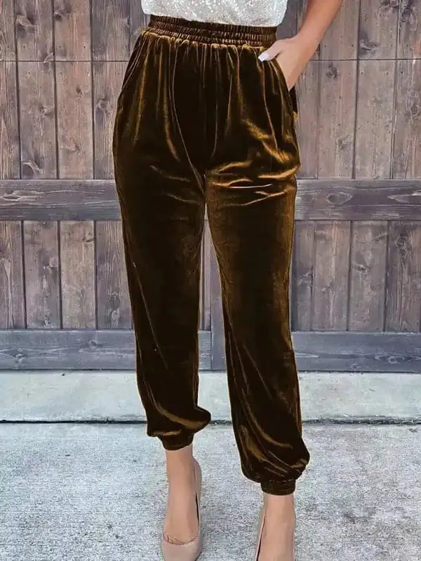 Women’s solid color elastic waist straight casual casual pants