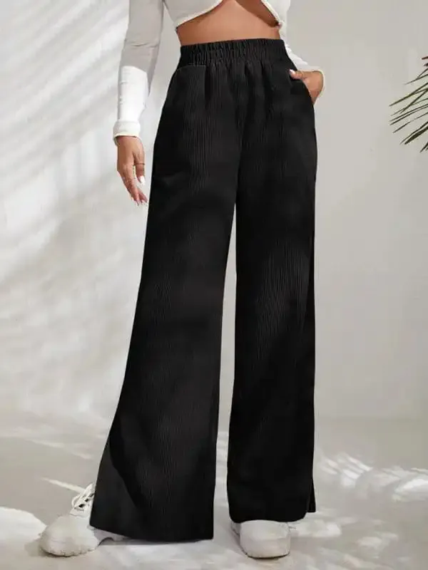 Women’s Solid Color Elastic Waistband Corduroy Wide Leg Slit Trousers