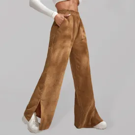 Women's Solid Color Elastic Waistband Corduroy Wide Leg Slit Trousers