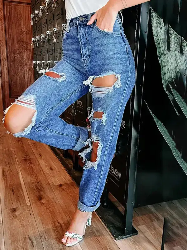 Women’s Straight High Waist Slimming Ripped Jeans