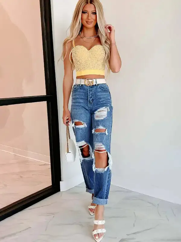 Women’s Straight High Waist Slimming Ripped Jeans