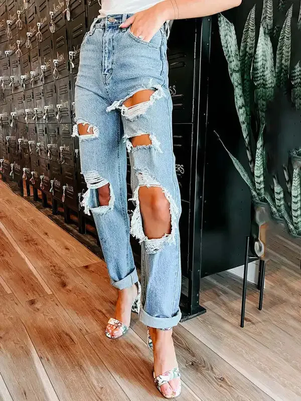 Women’s Straight High Waist Slimming Ripped Jeans