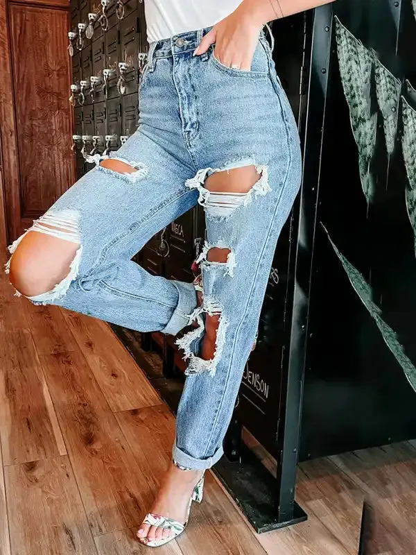 Women’s Straight High Waist Slimming Ripped Jeans